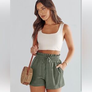 Green High Waisted Linen Shorts